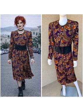 Vintage 80s Paisley Power Shoulder Midi Dress